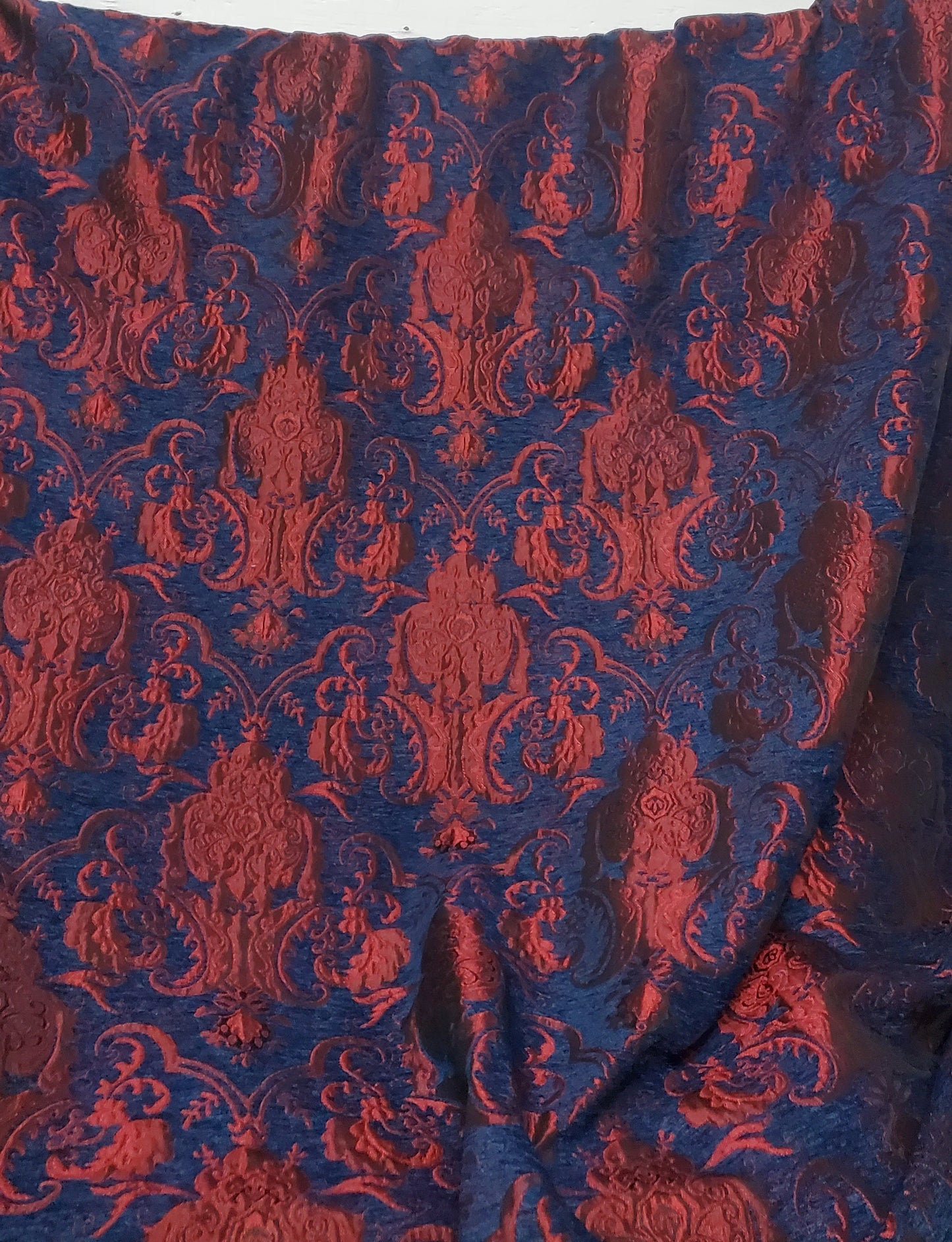 Chenille BAROQUE UPHOLSTERY Fabric Jacquard Damask, 58" wide ,color Blue/Red sold by yard in continuous yards