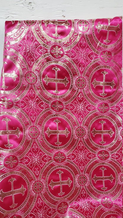 Liturgical Brocade,Church Gorgeous Cross acetatebrocade Fabric Cross Brocade Fuschia/Gold 52" Wide