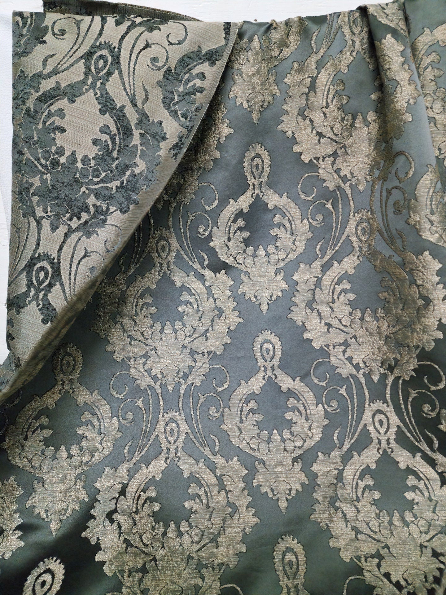 Damask Satin Drapery Upholstery Fabric - Dark gray, Jacquard Brocade, Luxury elegant victorya Classic Fabric 60" Wide,  Sold by Yard