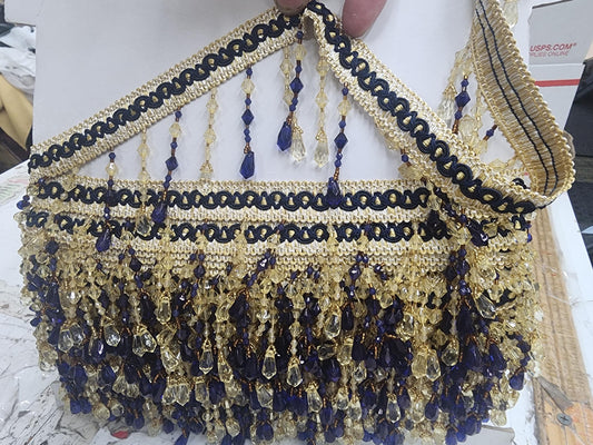 Braided Hanging Beads, Color navy/Gold Tassel Trim Fringe Fabric Trimming Handwork DIY Craft Sewing Accessory Lace for Decoration