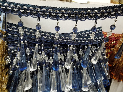 Fringe Ball & Faceted Beaded Color Blue/silver, Sold by the yard