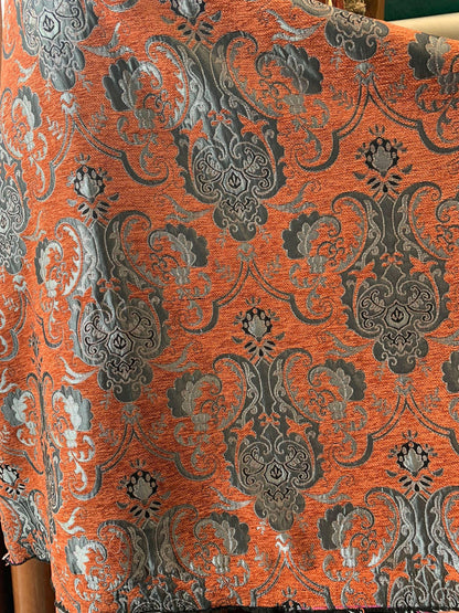 Chenille, BAROQUE UPHOLSTERY Fabric Jacquard, Damask, 58" wide ,color Rust /silver, sold by yard in continuous yards
