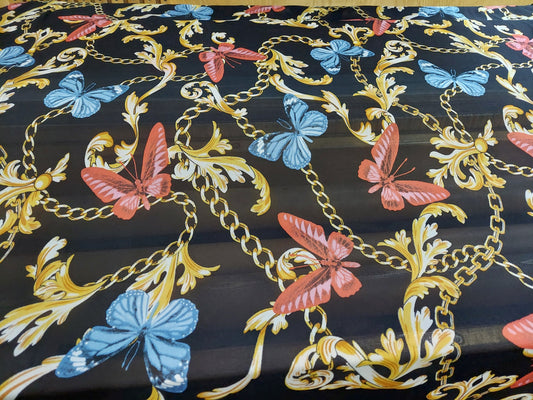ad Power Mesh New chains with butterflies print on 4-way stretch mesh 58” Sold by the yard