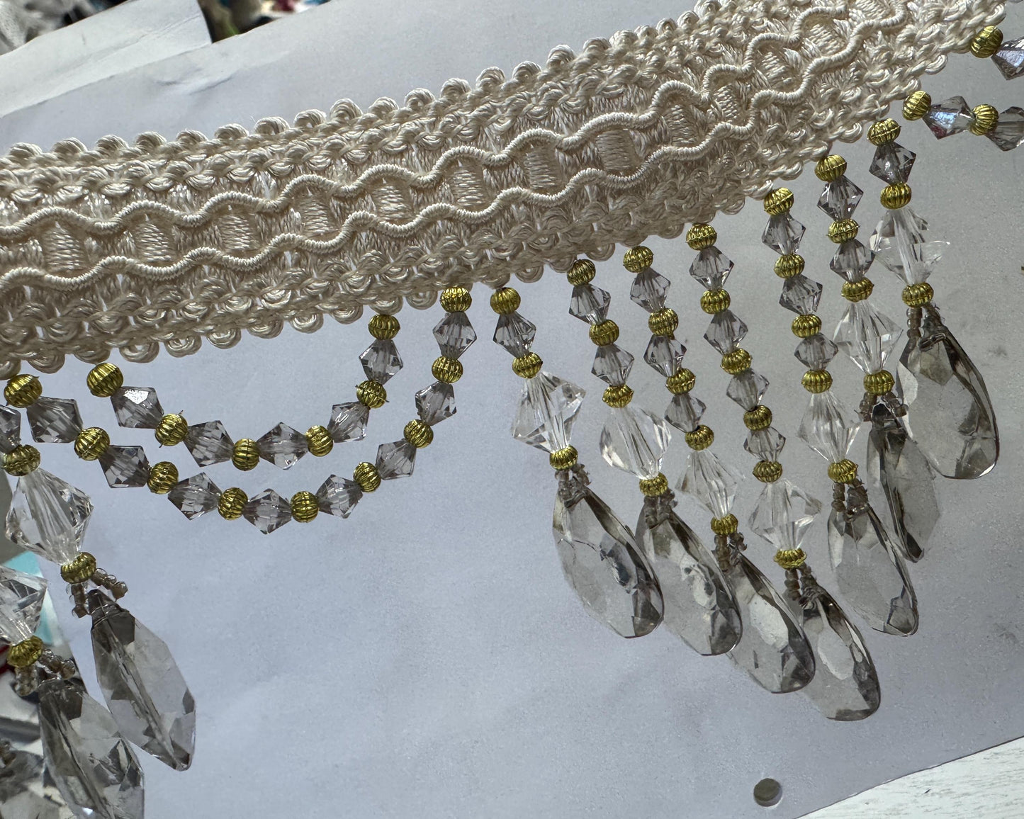 Beaded Trim Fringe 4'' L, W/Gimp Top Sold by The Yard - smoke Silver/ivory color,  Brand: ad fabric