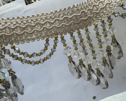 Beaded Trim Fringe 4'' L, W/Gimp Top Sold by The Yard - smoke Silver/ivory color,  Brand: ad fabric