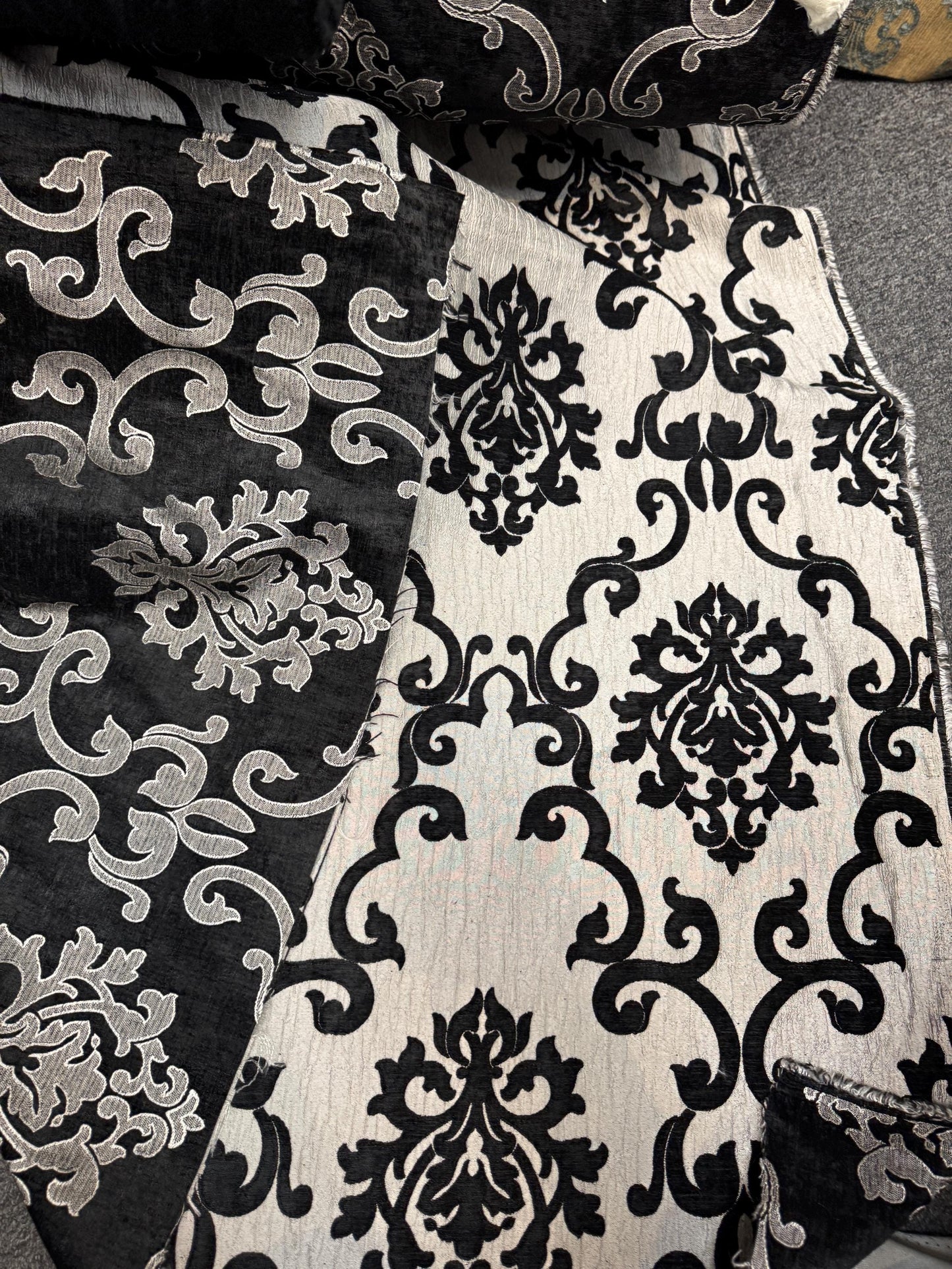Chenille BAROQUE UPHOLSTERY Fabric Jacquard Damask, 58" wide ,color Black/silver sold by yard in continuous yards