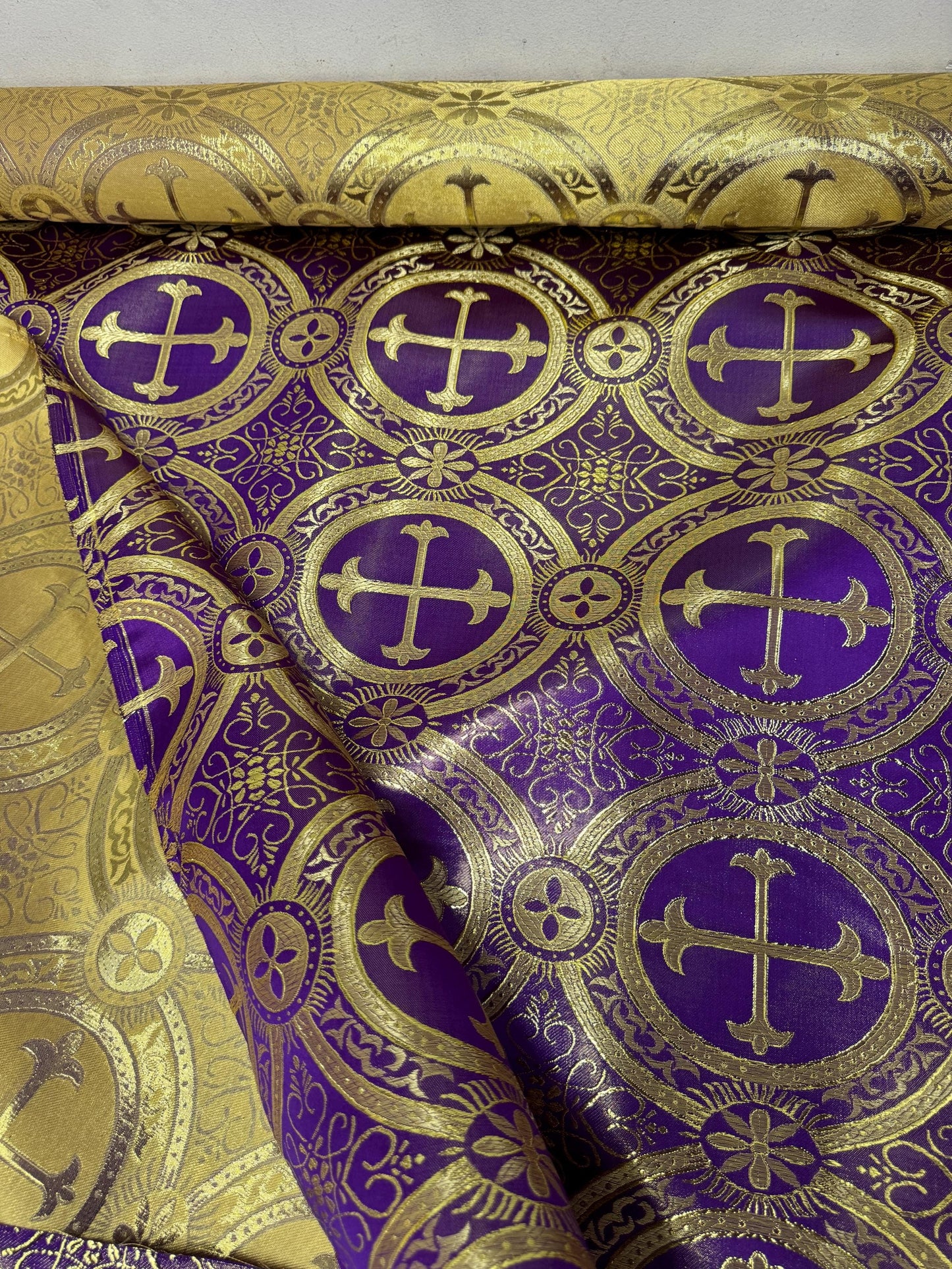Liturgical Brocade,Church Gorgeous Cross acetatebrocade Fabric Cross Brocade Purple/Goldr 52" Wide