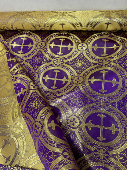 Liturgical Brocade,Church Gorgeous Cross acetatebrocade Fabric Cross Brocade Purple/Goldr 52" Wide
