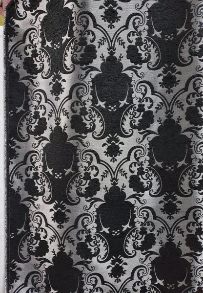 Chenille BAROQUE UPHOLSTERY Fabric Jacquard Damask, 58" wide ,color Silver/Black, sold by yard in continuous yards