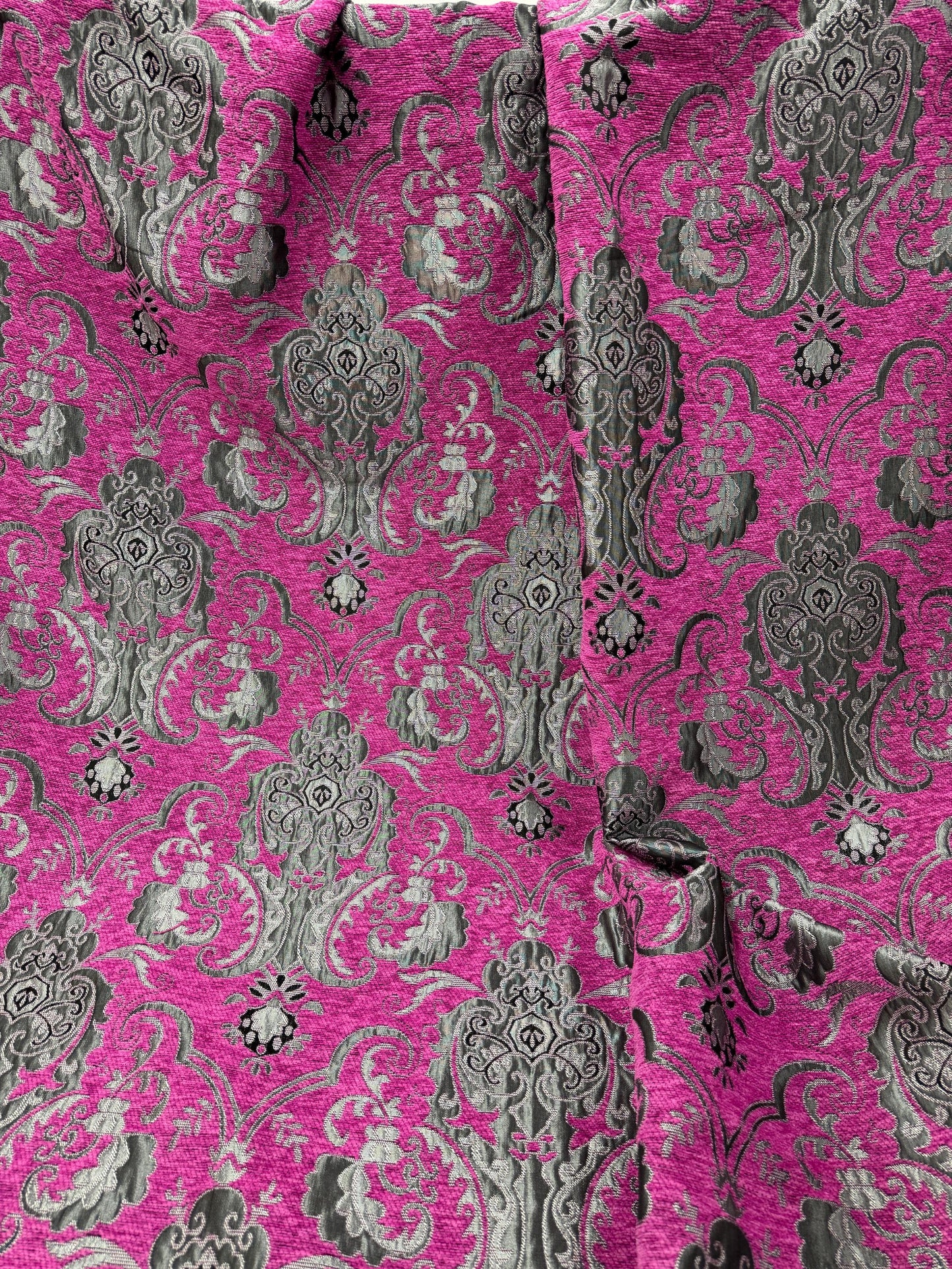Chenille, BAROQUE UPHOLSTERY Fabric Jacquard, Damask, 58" wide ,color pink/silver, sold by yard in continuous yards