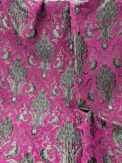 Chenille, BAROQUE UPHOLSTERY Fabric Jacquard, Damask, 58" wide ,color pink/silver, sold by yard in continuous yards