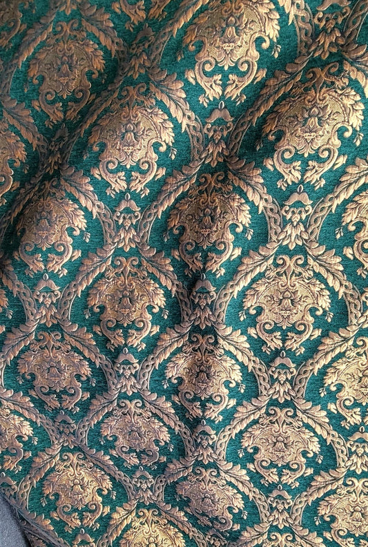 Chenille BAROQUE UPHOLSTERY Fabric Jacquard Damask, 58" wide ,color Green/gold, Reversible, sold by yard in continuous yards