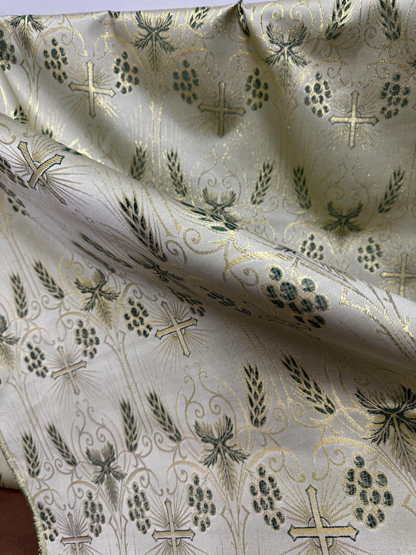 Liturgical Brocade, Green gold, Church Gorgeous Cross Acetate Taffeta Brocade Fabric Cross Metallic Brocade 60" Wide