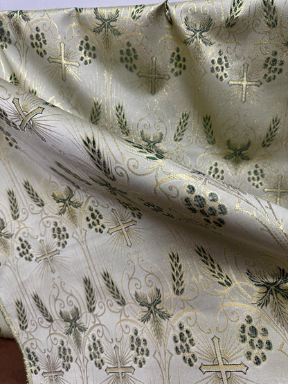 Liturgical Brocade, Green gold, Church Gorgeous Cross Acetate Taffeta Brocade Fabric Cross Metallic Brocade 60" Wide