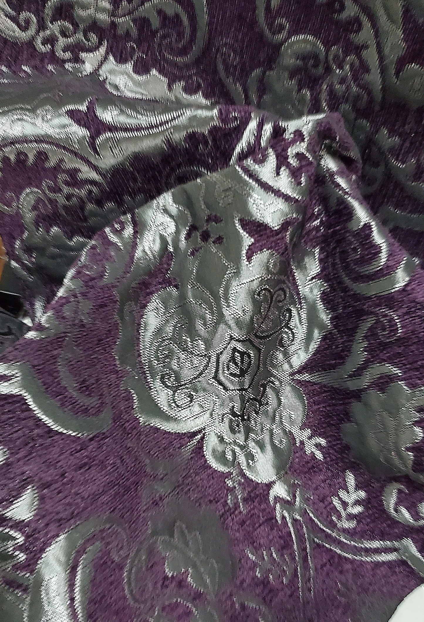 Chenille BAROQUE UPHOLSTERY Fabric Jacquard Damask, 58" wide ,color Purple/silver, sold by yard in continuous yards