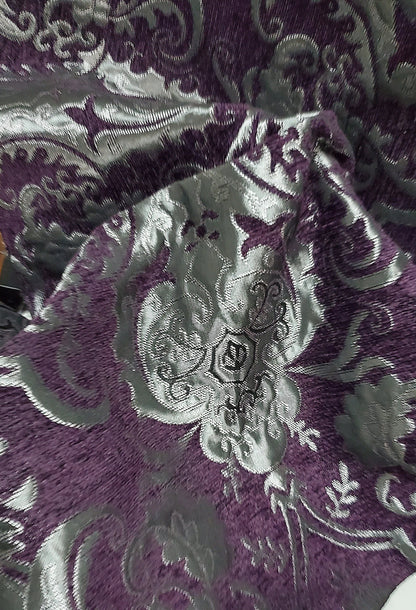 Chenille BAROQUE UPHOLSTERY Fabric Jacquard Damask, 58" wide ,color Purple/silver, sold by yard in continuous yards