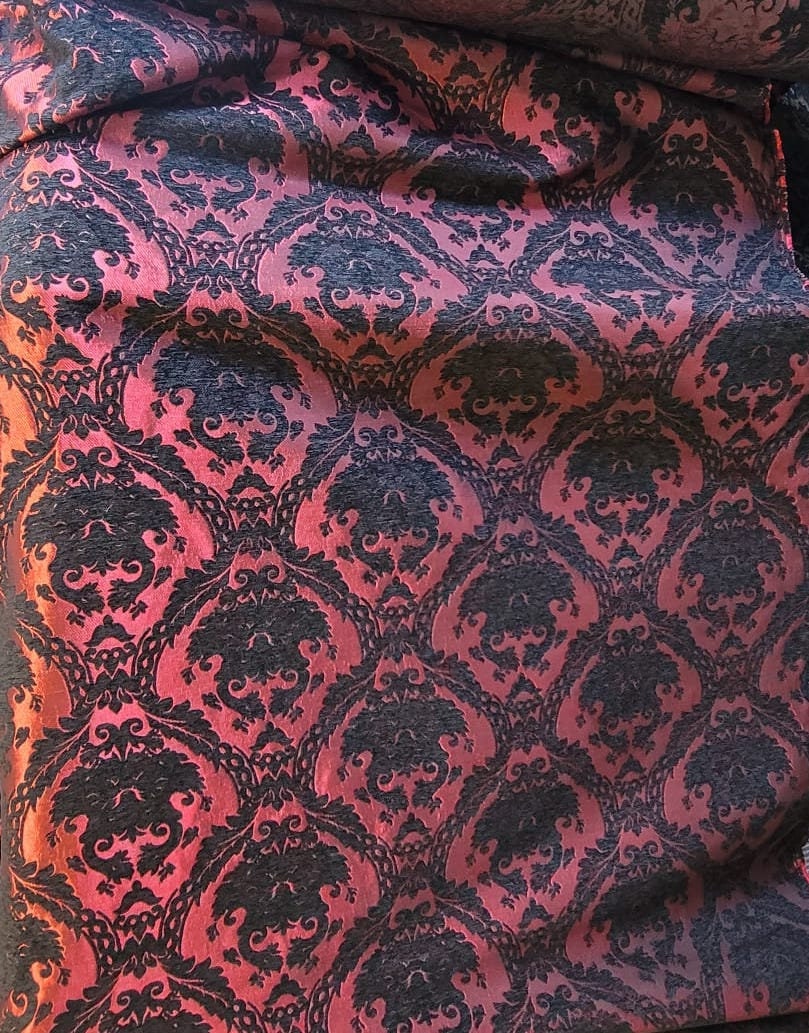 Chenille BAROQUE UPHOLSTERY Fabric Jacquard Damask, 58" wide ,color Red/Black, Reversible, sold by yard in continuous yards
