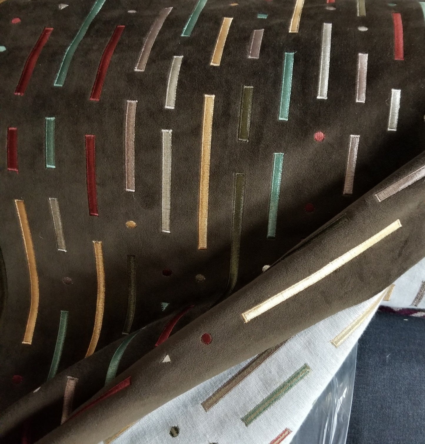 VELVET Brown fabric -painted striped  multicolor , upholstery fabric,  - 54" width - sold by yard