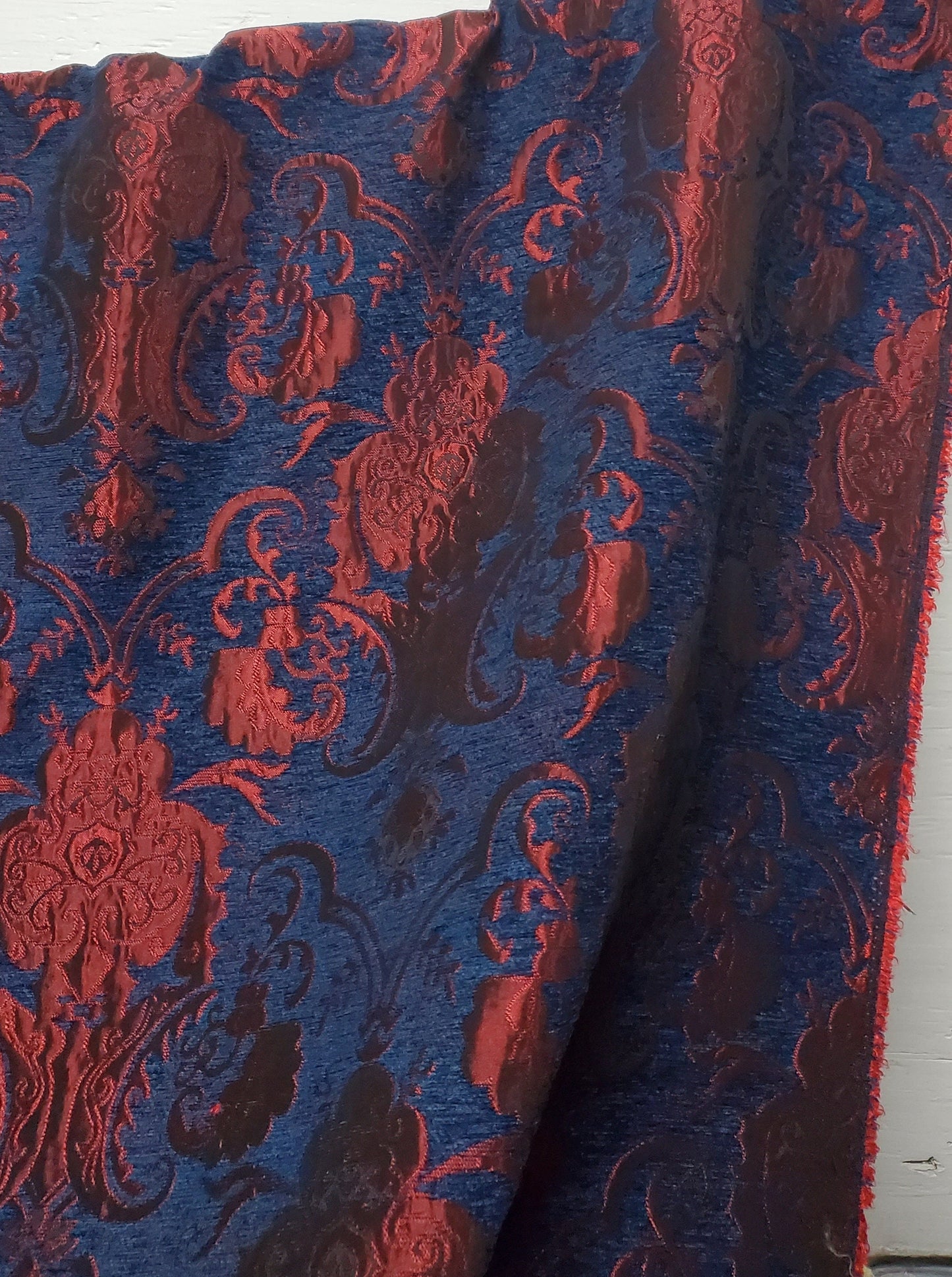 Chenille BAROQUE UPHOLSTERY Fabric Jacquard Damask, 58" wide ,color Blue/Red sold by yard in continuous yards
