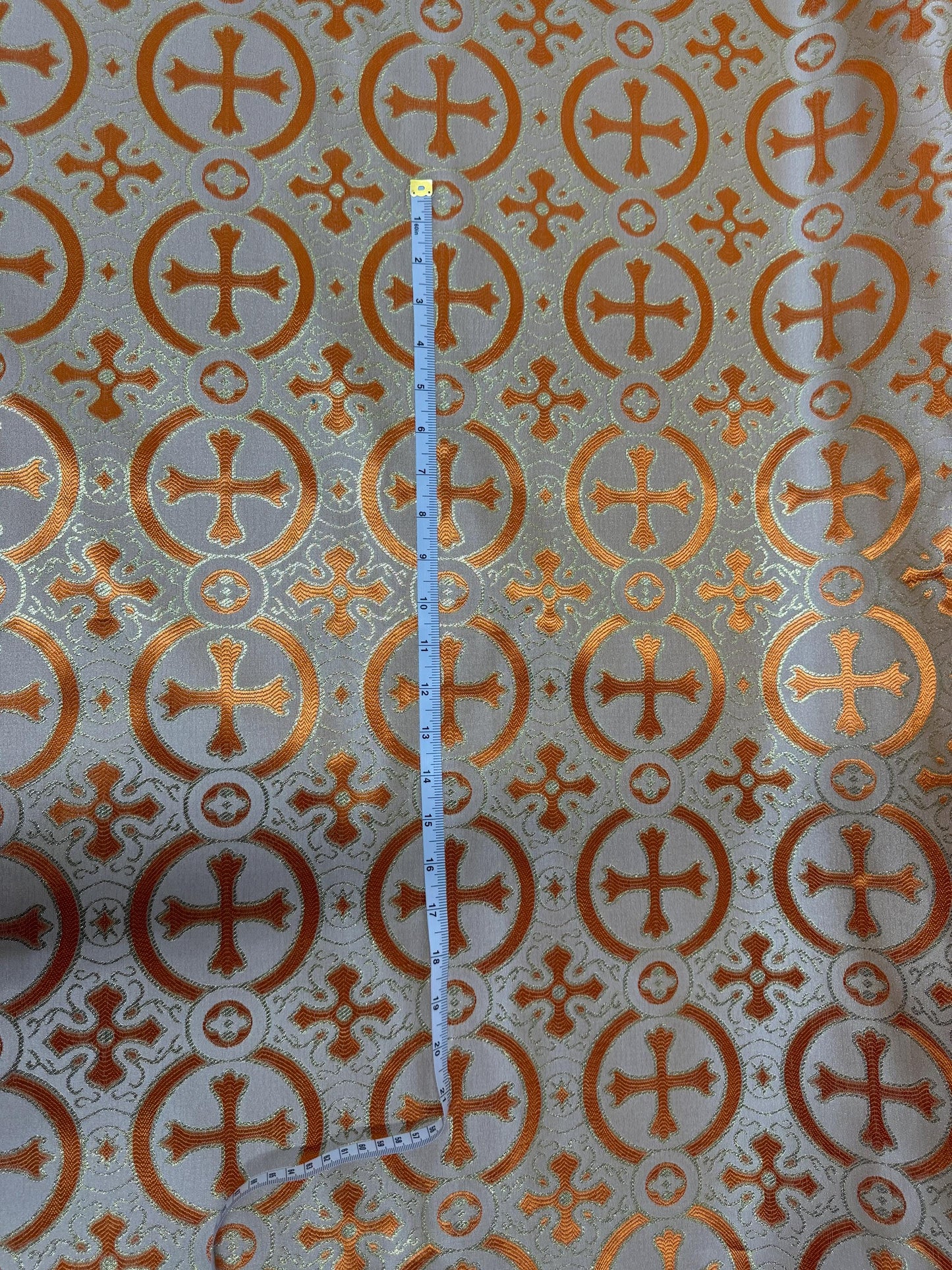 Liturgical Brocade,Church Gorgeous Cross acetate brocade Fabric Cross Brocade Orange/Gold 58" Wide