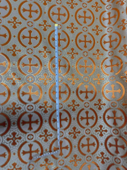 Liturgical Brocade,Church Gorgeous Cross acetate brocade Fabric Cross Brocade Orange/Gold 58" Wide