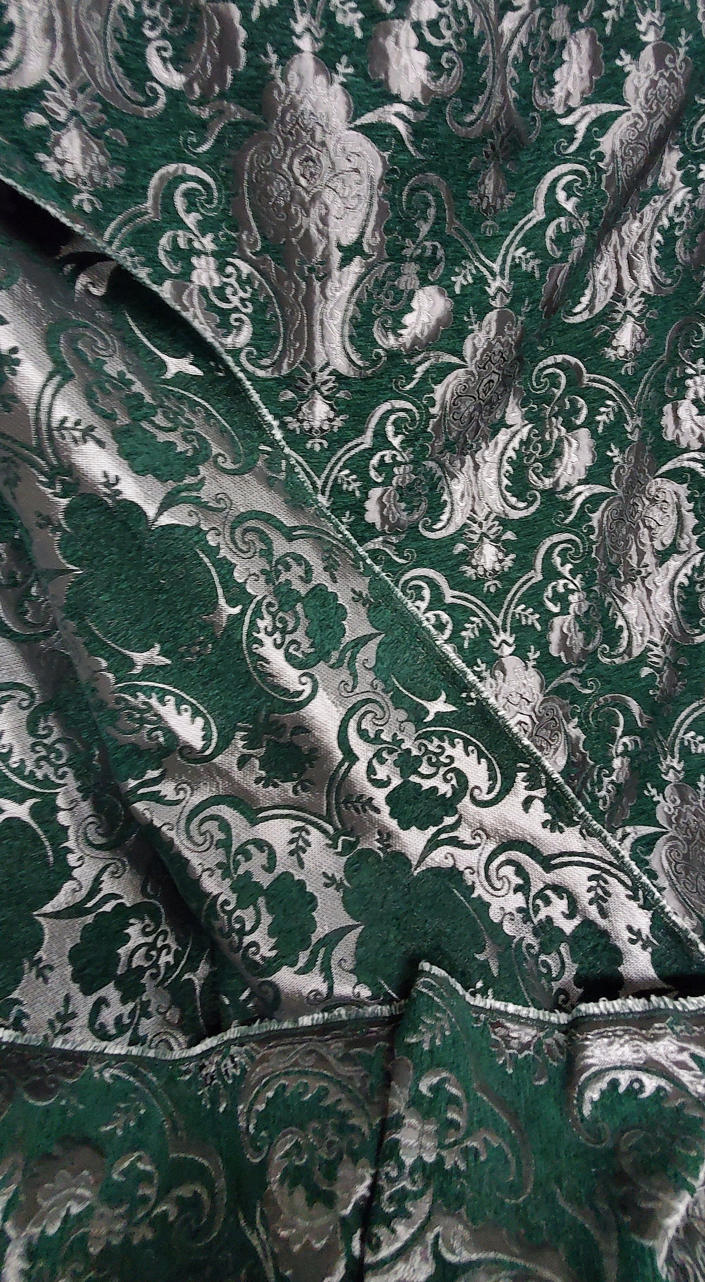 Chenille BAROQUE UPHOLSTERY Fabric Jacquard Damask, 58" wide ,color Green/silver, sold by yard in continuous yards