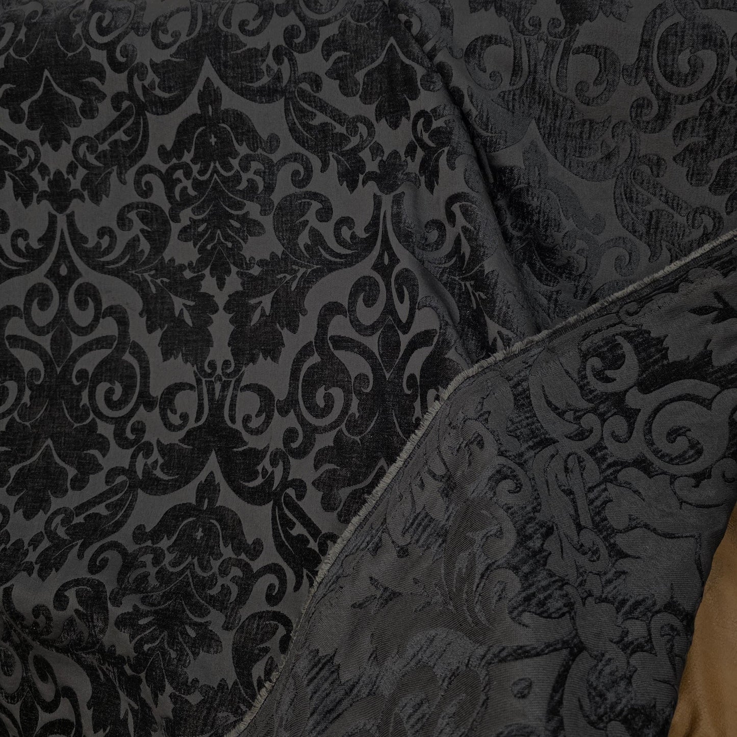 Chenille Fabric Upholstery,  Damask Burnout Chenille Velvet ,Jacquard Damask, 54" wide, color Black/Black , sold by yard in continuous yards