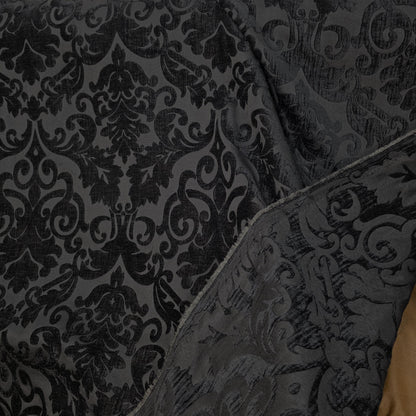 Chenille Fabric Upholstery,  Damask Burnout Chenille Velvet ,Jacquard Damask, 54" wide, color Black/Black , sold by yard in continuous yards