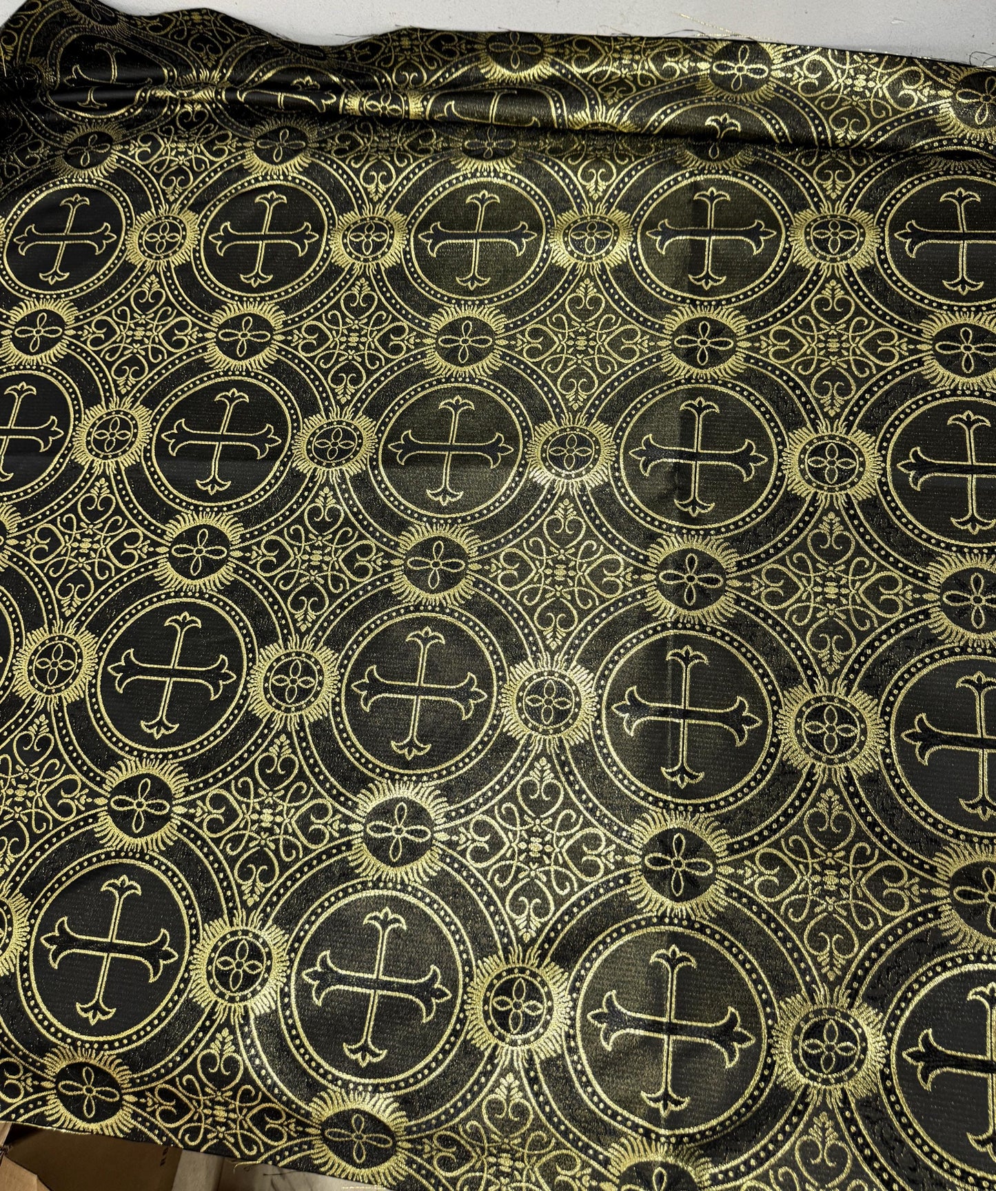 Liturgical Brocade,Church Gorgeous Cross acetate brocade Fabric Cross Brocade Black/Gold 58" Wide