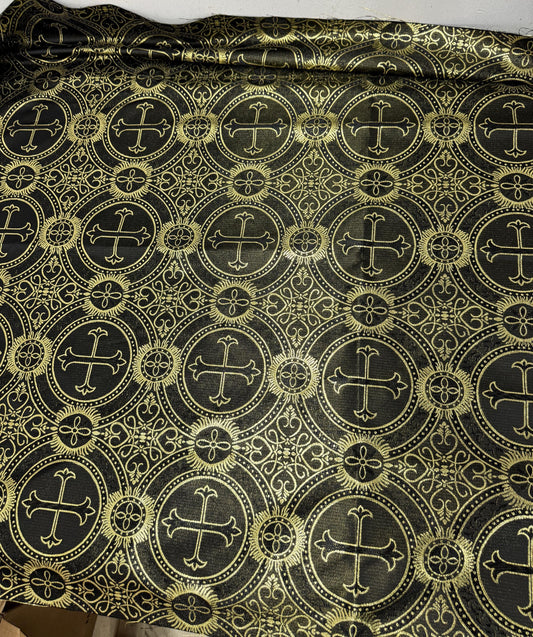 Liturgical Brocade,Church Gorgeous Cross acetate brocade Fabric Cross Brocade Black/Gold 58" Wide