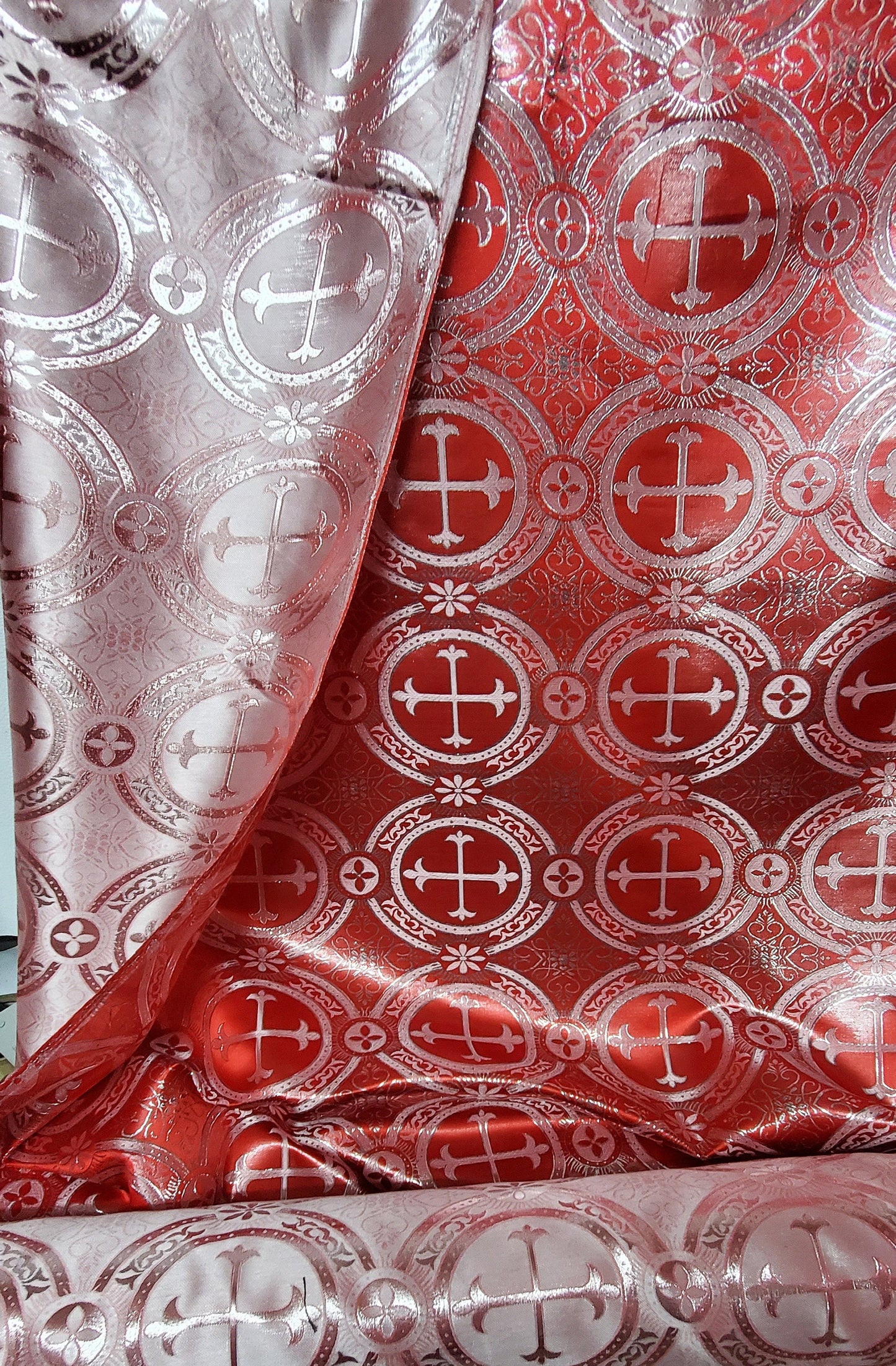 Liturgical Brocade,Church Gorgeous Cross acetatebrocade Fabric Cross Brocade Red/Silver  52" Wide