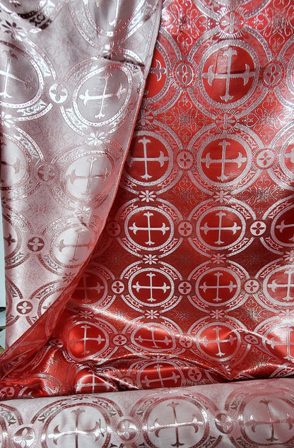 Liturgical Brocade,Church Gorgeous Cross acetatebrocade Fabric Cross Brocade Red/Silver  52" Wide