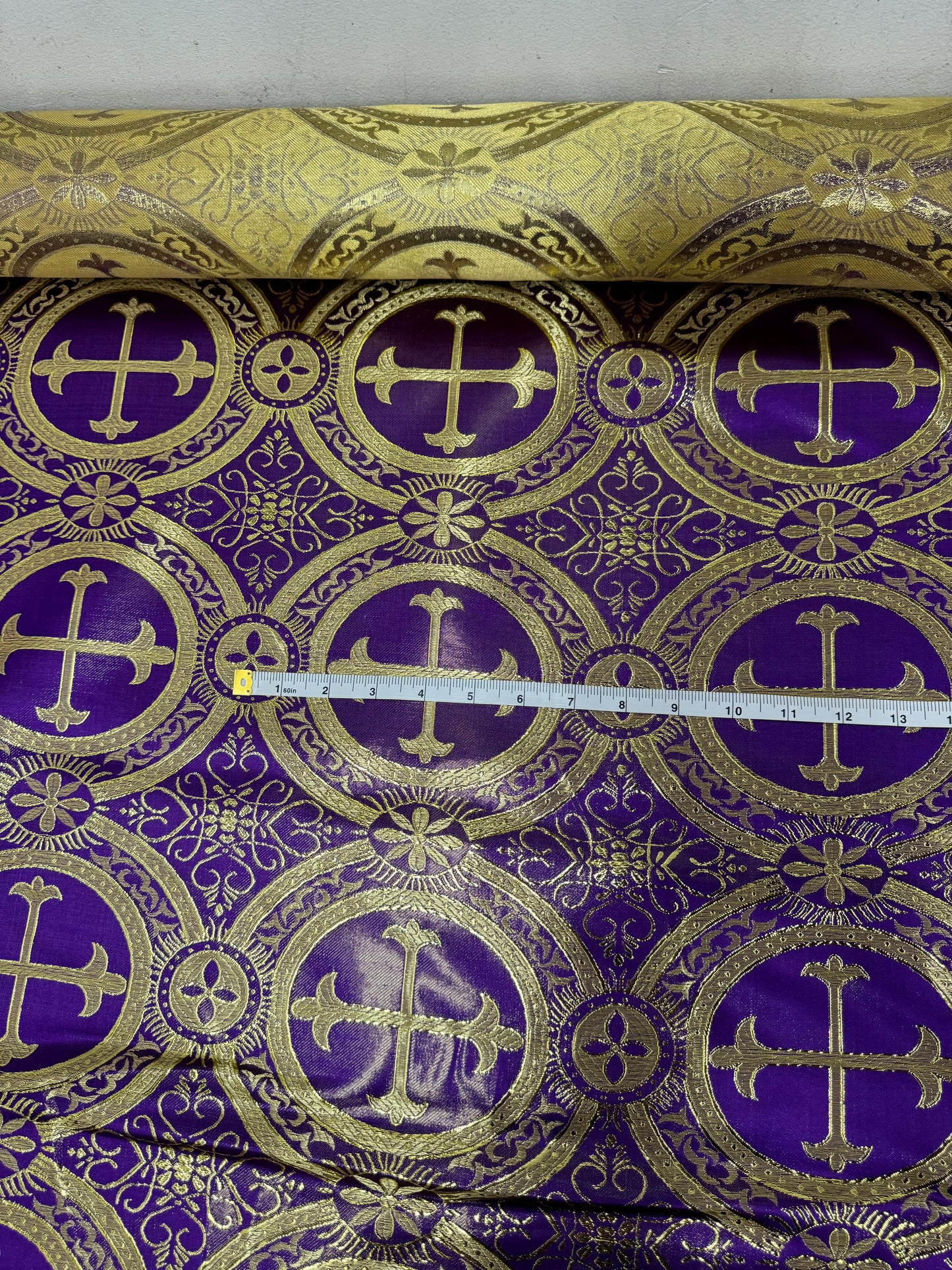 Liturgical Brocade,Church Gorgeous Cross acetatebrocade Fabric Cross Brocade Purple/Goldr 52" Wide