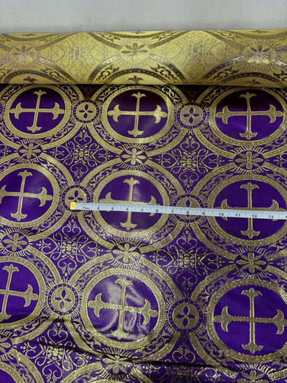 Liturgical Brocade,Church Gorgeous Cross acetatebrocade Fabric Cross Brocade Purple/Goldr 52" Wide