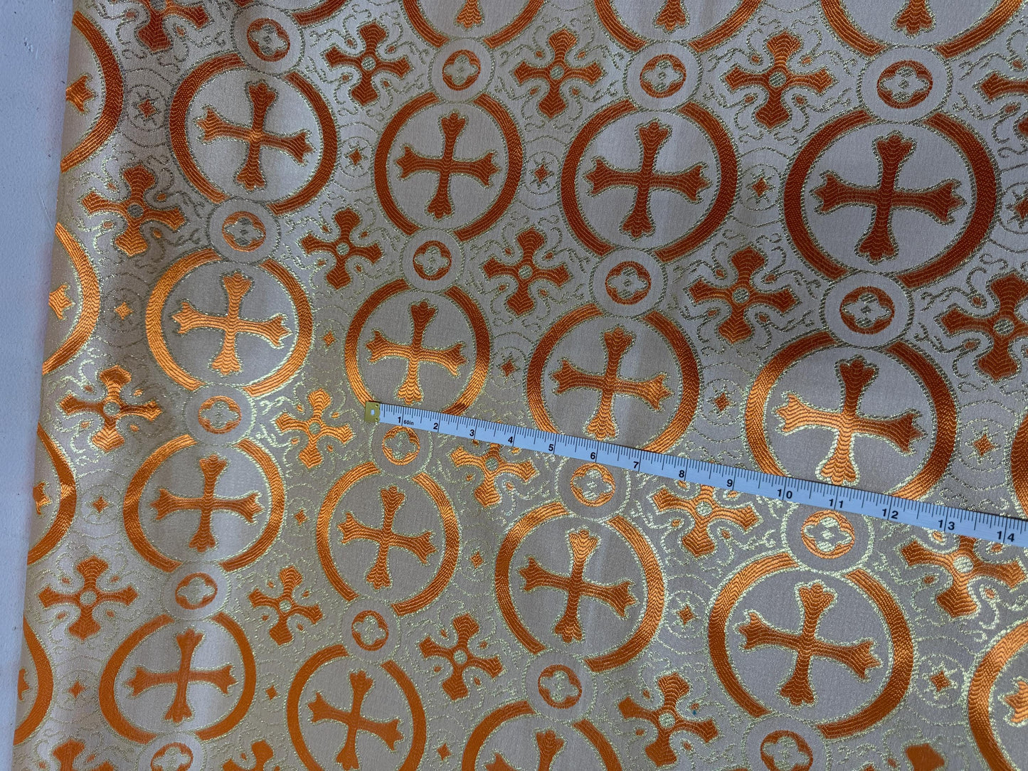 Liturgical Brocade,Church Gorgeous Cross acetate brocade Fabric Cross Brocade Orange/Gold 58" Wide