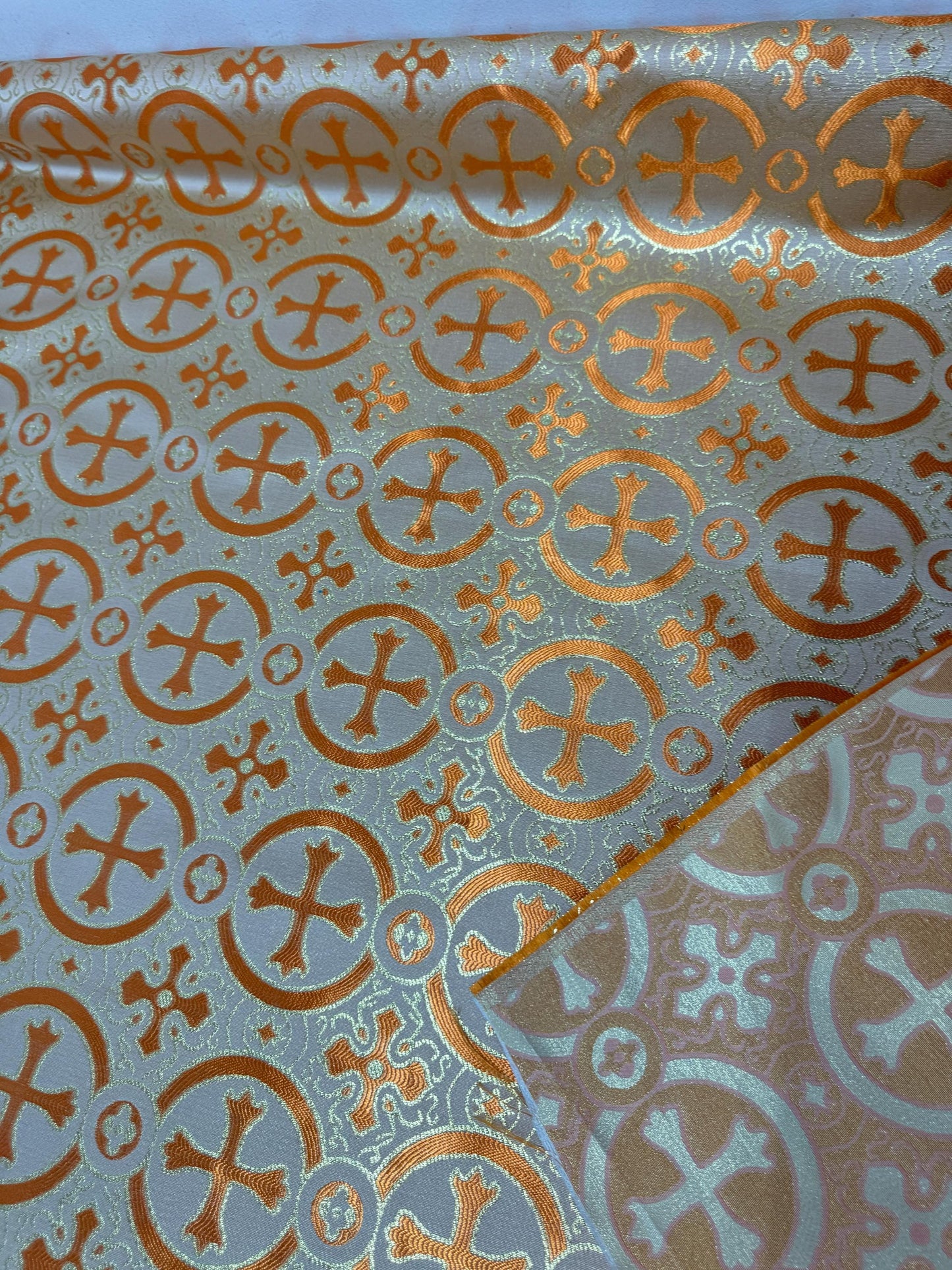 Liturgical Brocade,Church Gorgeous Cross acetate brocade Fabric Cross Brocade Orange/Gold 58" Wide