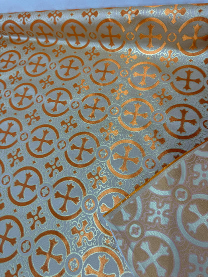 Liturgical Brocade,Church Gorgeous Cross acetate brocade Fabric Cross Brocade Orange/Gold 58" Wide