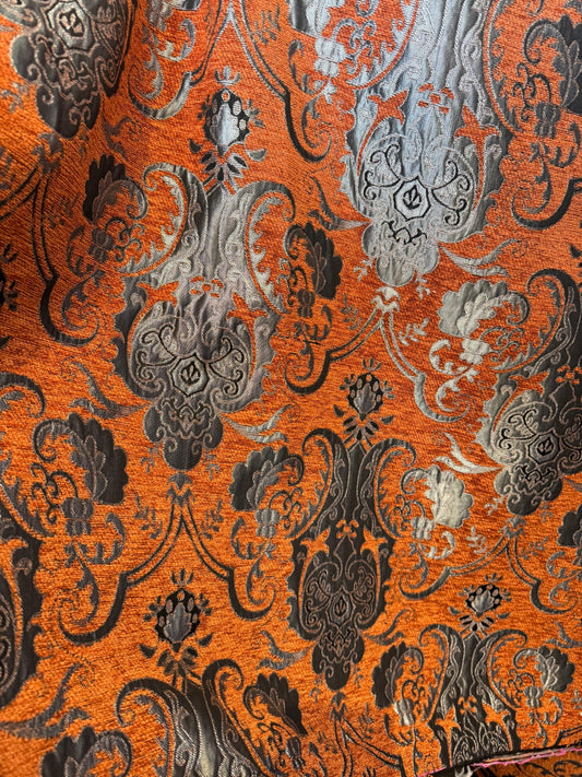 Chenille, BAROQUE UPHOLSTERY Fabric Jacquard, Damask, 58" wide ,color Rust /silver, sold by yard in continuous yards
