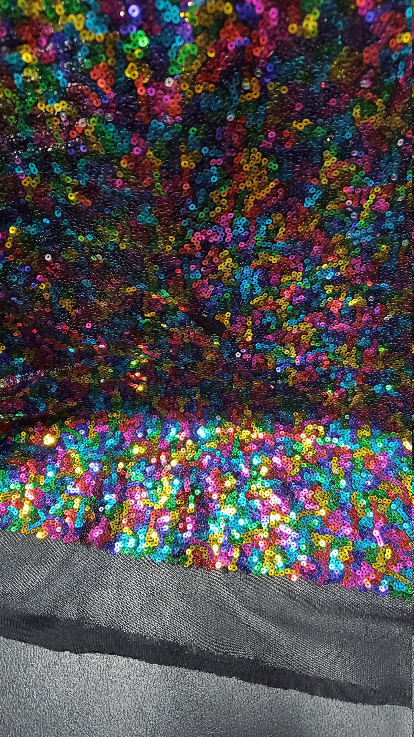 RAINBOW Sequins,Glitters Multi Color Sequins , on BLACK Mesh Fabric by the Yard, 54" wide