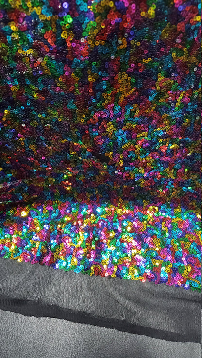 RAINBOW Sequins,Glitters Multi Color Sequins , on BLACK Mesh Fabric by the Yard, 54" wide