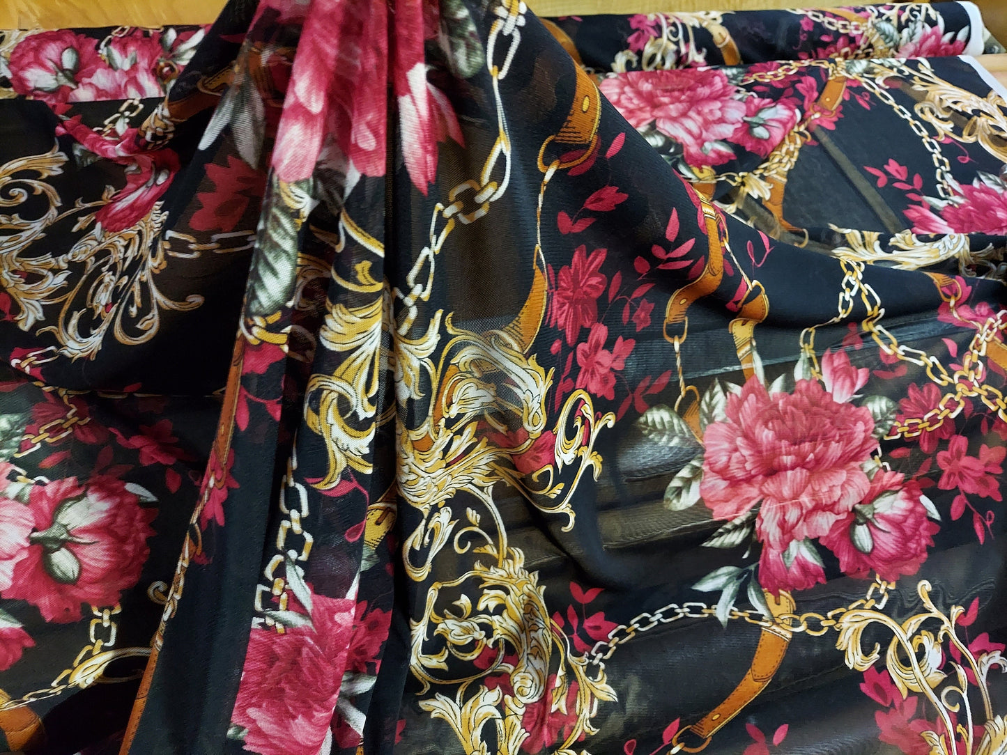 ad Power Mesh floral belts & chains design print on 4-way stretch mesh 58” Sold by the yard