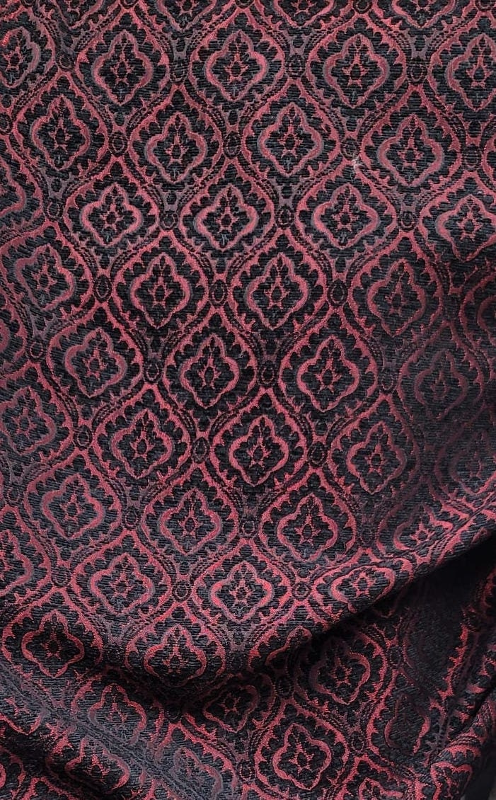 Damask Burnout Chenille  Fabric - Black/. Red,- Upholstery 54" wide, sold by yard
