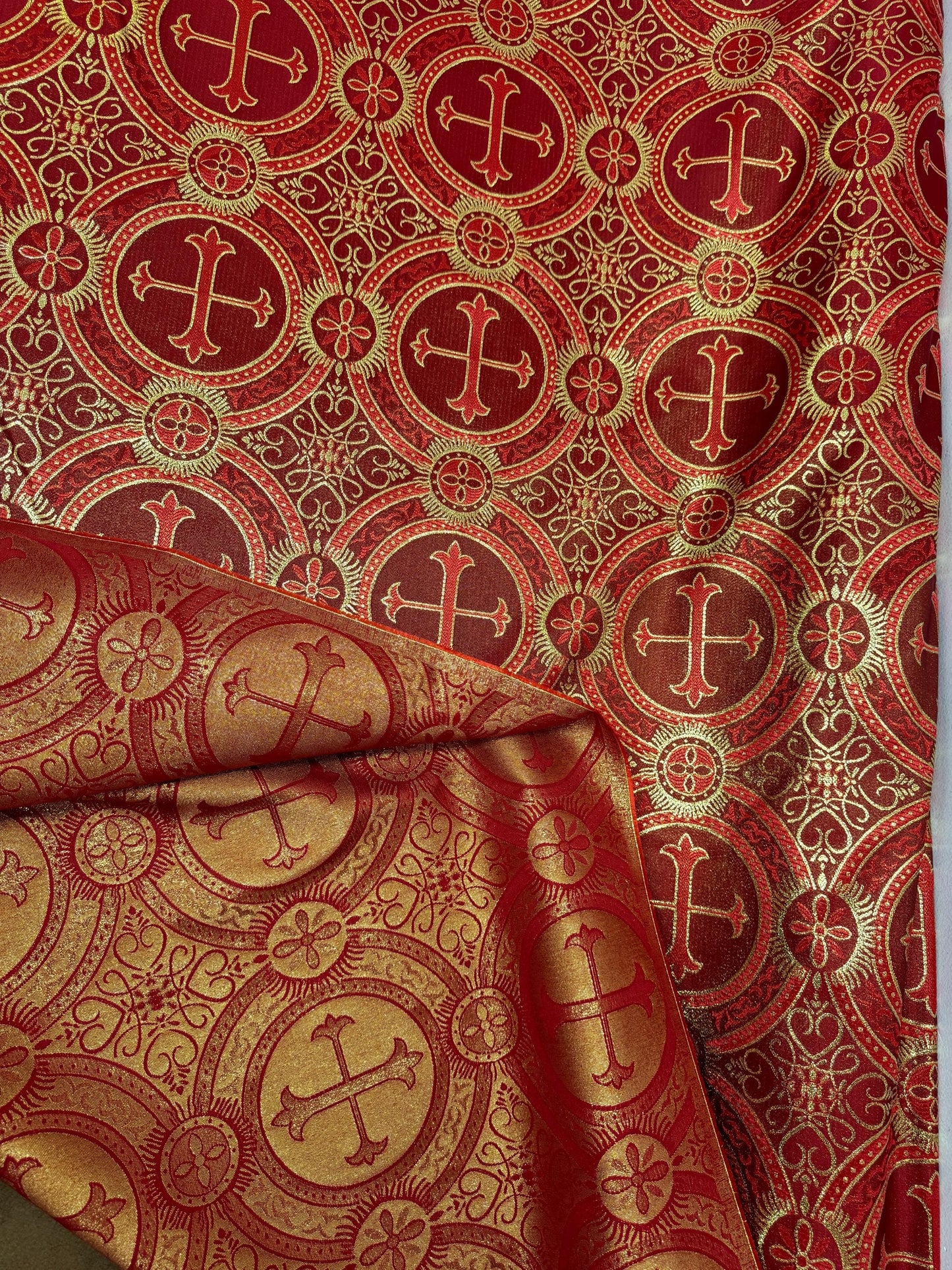 Liturgical Brocade,Church Gorgeous Cross acetatebrocade Fabric Cross Brocade Red/Gold  52" Wide