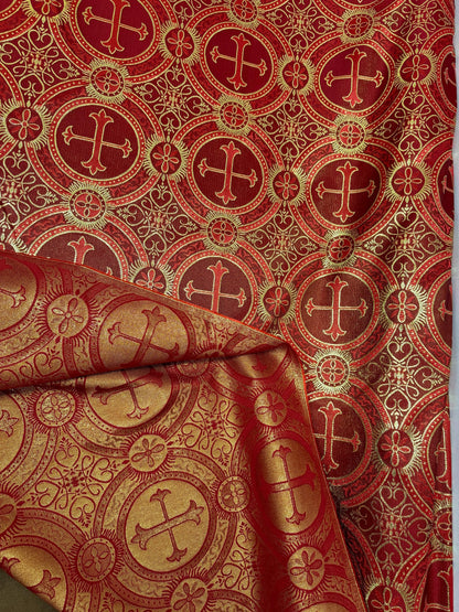 Liturgical Brocade,Church Gorgeous Cross acetatebrocade Fabric Cross Brocade Red/Gold  52" Wide