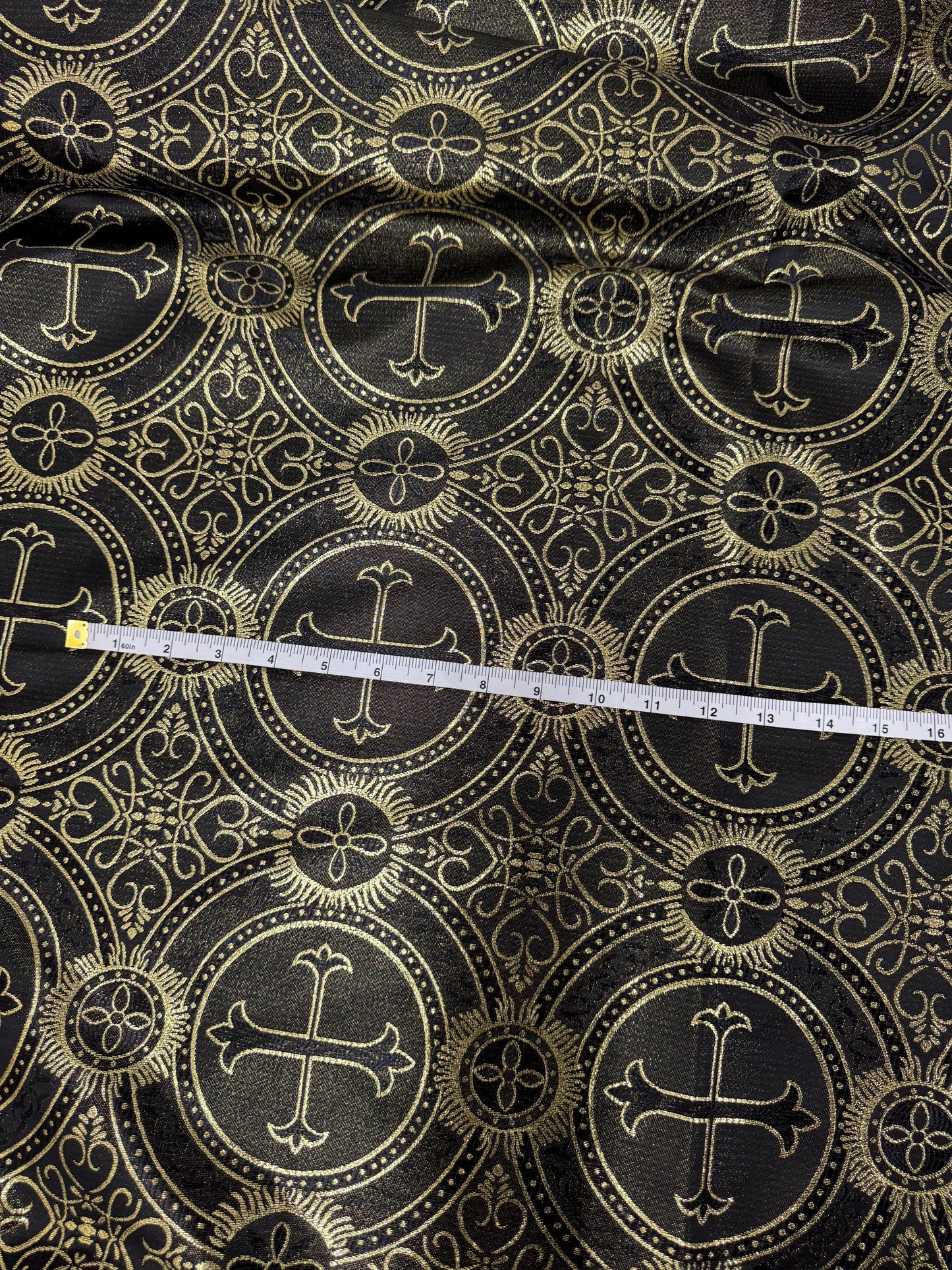 Liturgical Brocade,Church Gorgeous Cross acetate brocade Fabric Cross Brocade Black/Gold 58" Wide