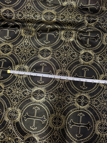 Liturgical Brocade,Church Gorgeous Cross acetate brocade Fabric Cross Brocade Black/Gold 58" Wide