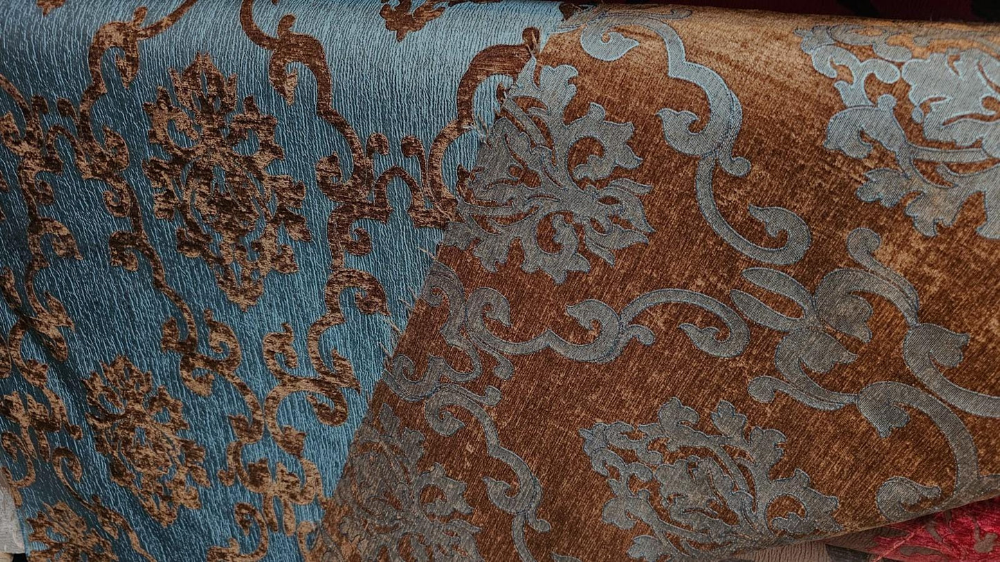Chenille BAROQUE UPHOLSTERY Fabric Jacquard Damask, 58" wide ,color Blue sold by yard in continuous yards