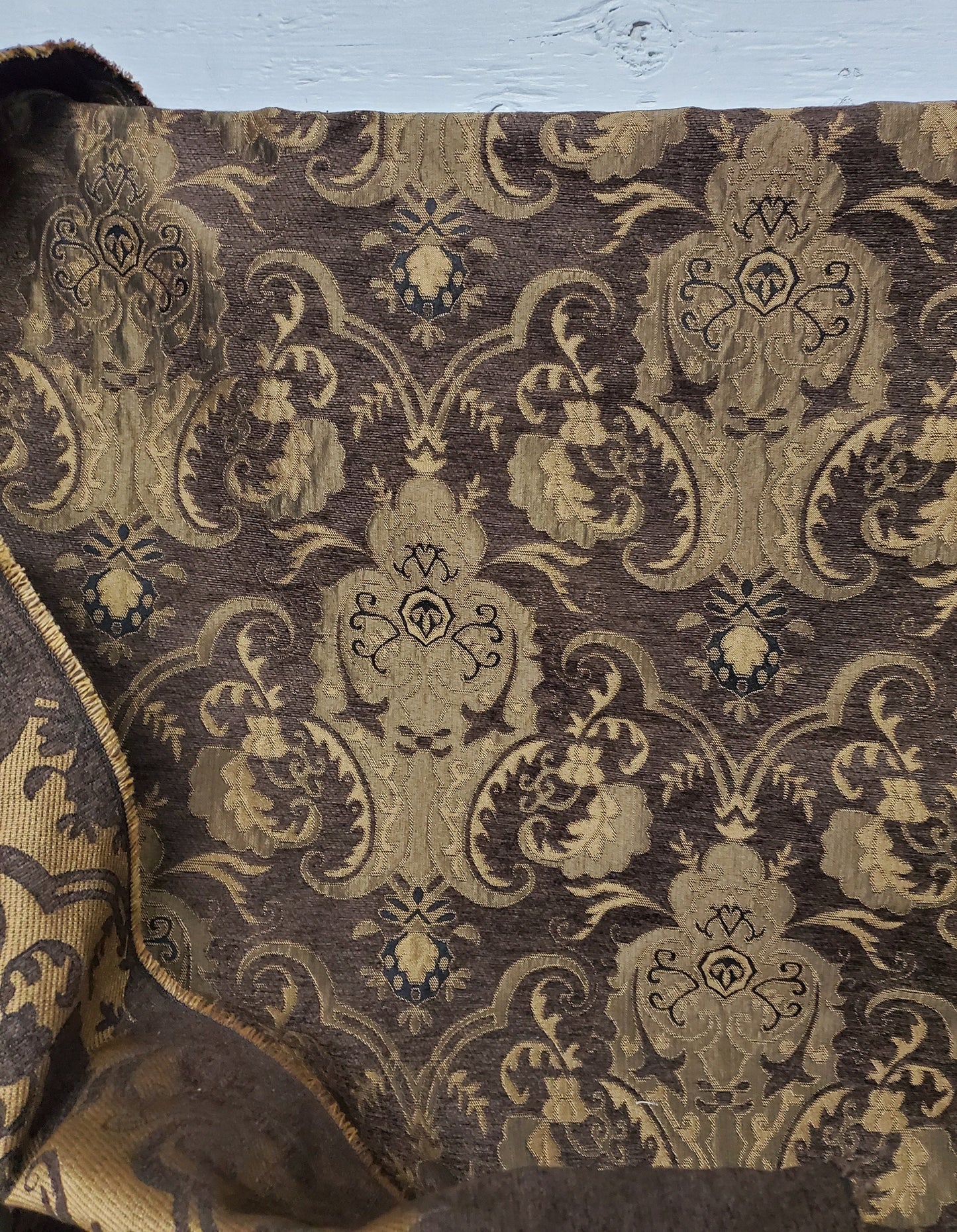 Chenille BAROQUE UPHOLSTERY Fabric Jacquard Damask, 58" wide ,color Brown, sold by yard in continuous yards