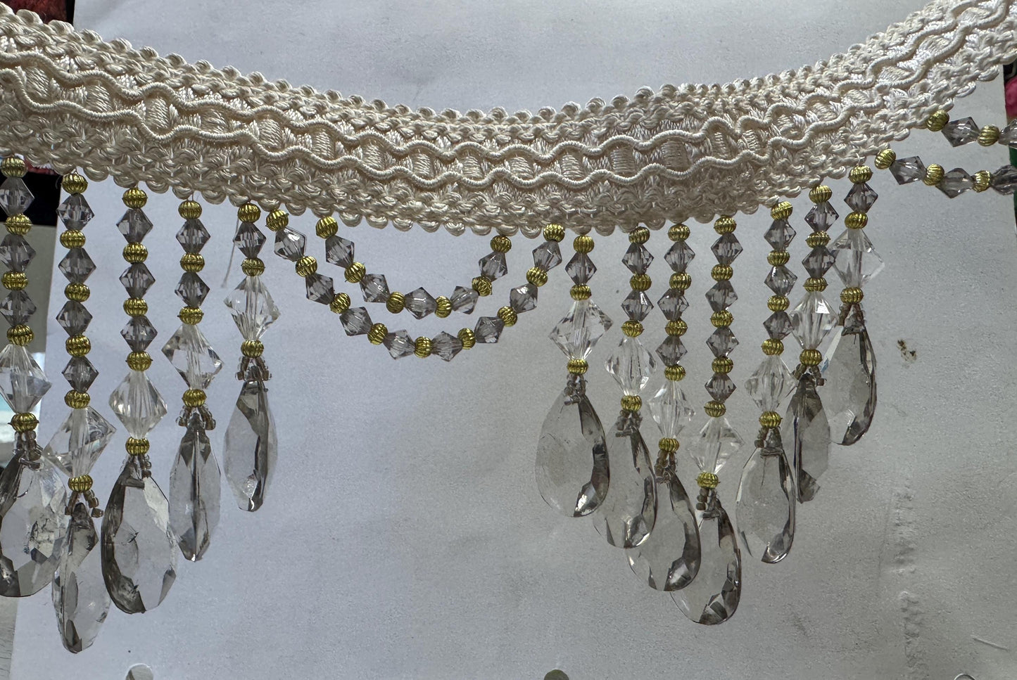 Beaded Trim Fringe 4'' L, W/Gimp Top Sold by The Yard - smoke Silver/ivory color,  Brand: ad fabric