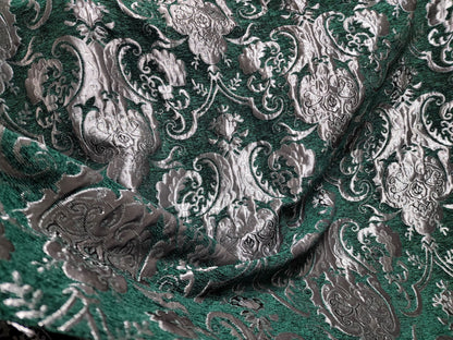 Chenille BAROQUE UPHOLSTERY Fabric Jacquard Damask, 58" wide ,color Green/silver, sold by yard in continuous yards